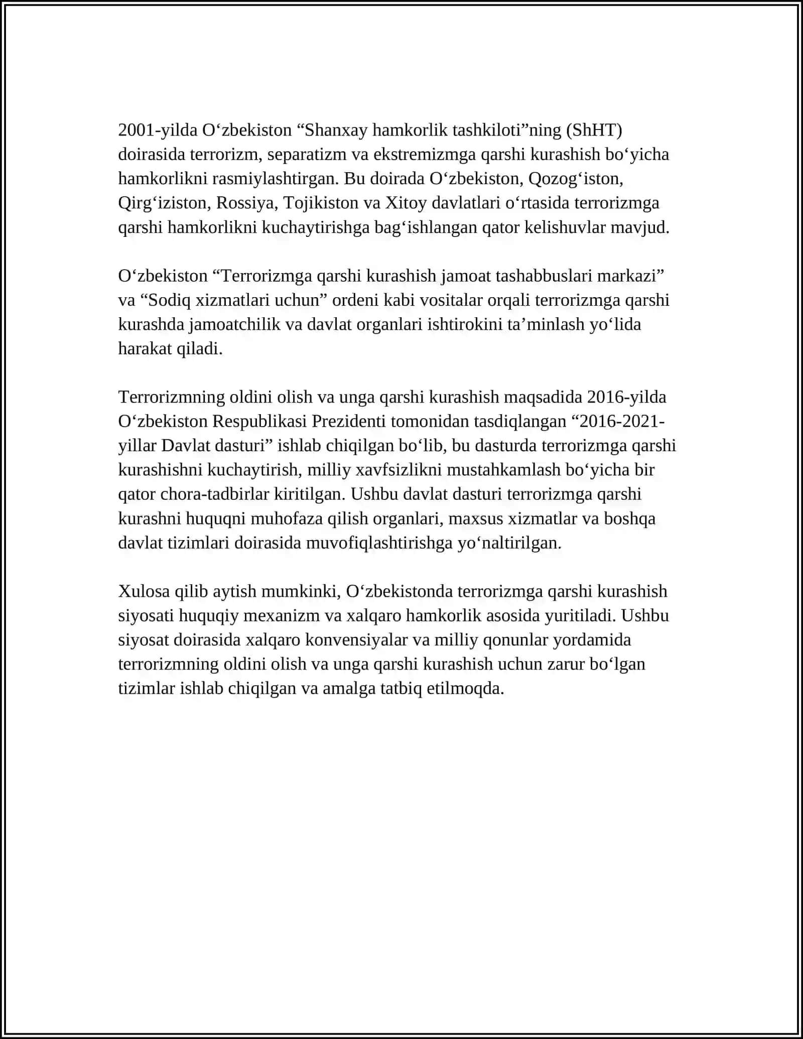 TERRORIZMGA QARSHI KURISHISH TO’G’RISIDAGI QONUN BANDLARINI O’RGANISH 4