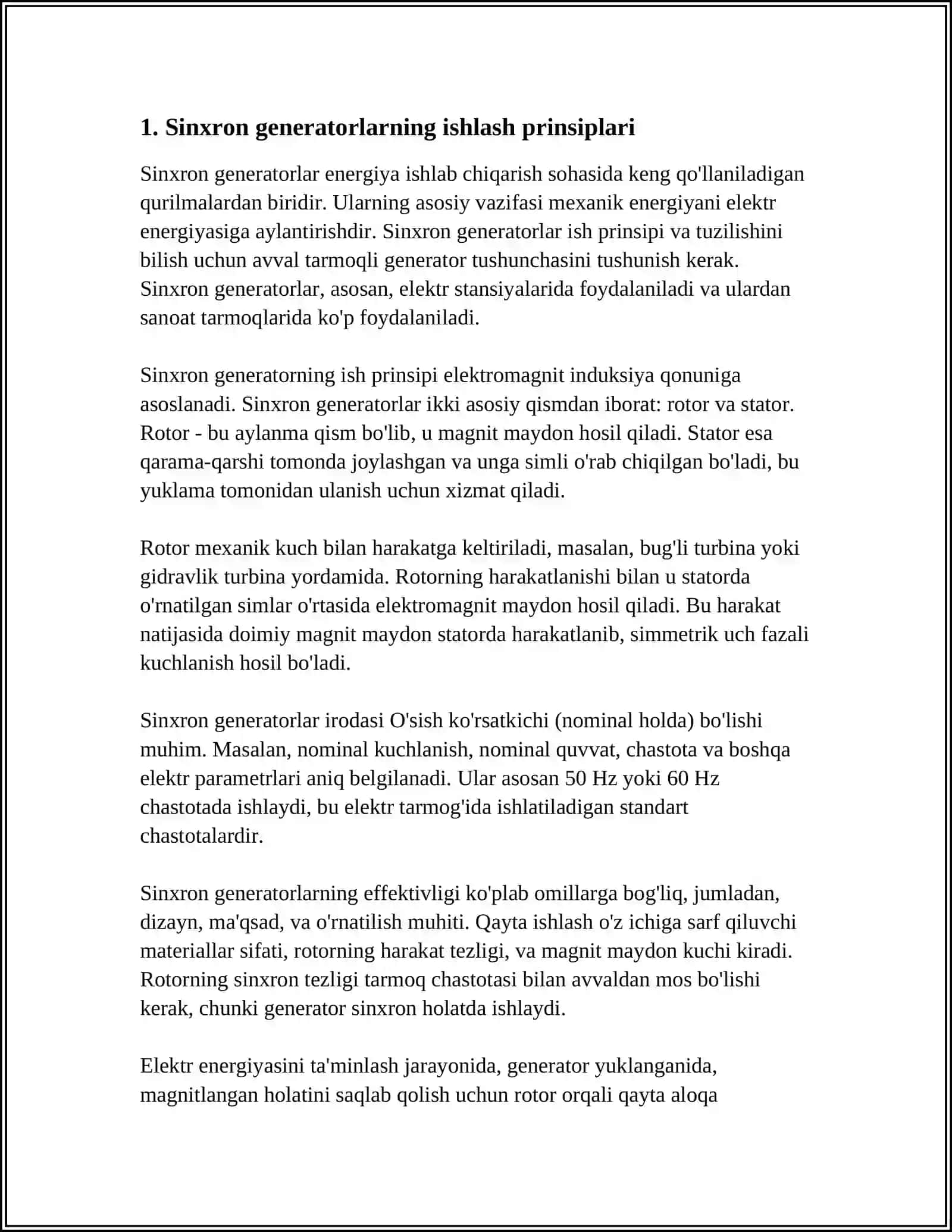 SINXRON GENERATORLARNI ÓZARO VA ISTE'MOLCHILARNING ELEKTR TARMOQLARI BILAN PARALLEL ISHLASHI 4