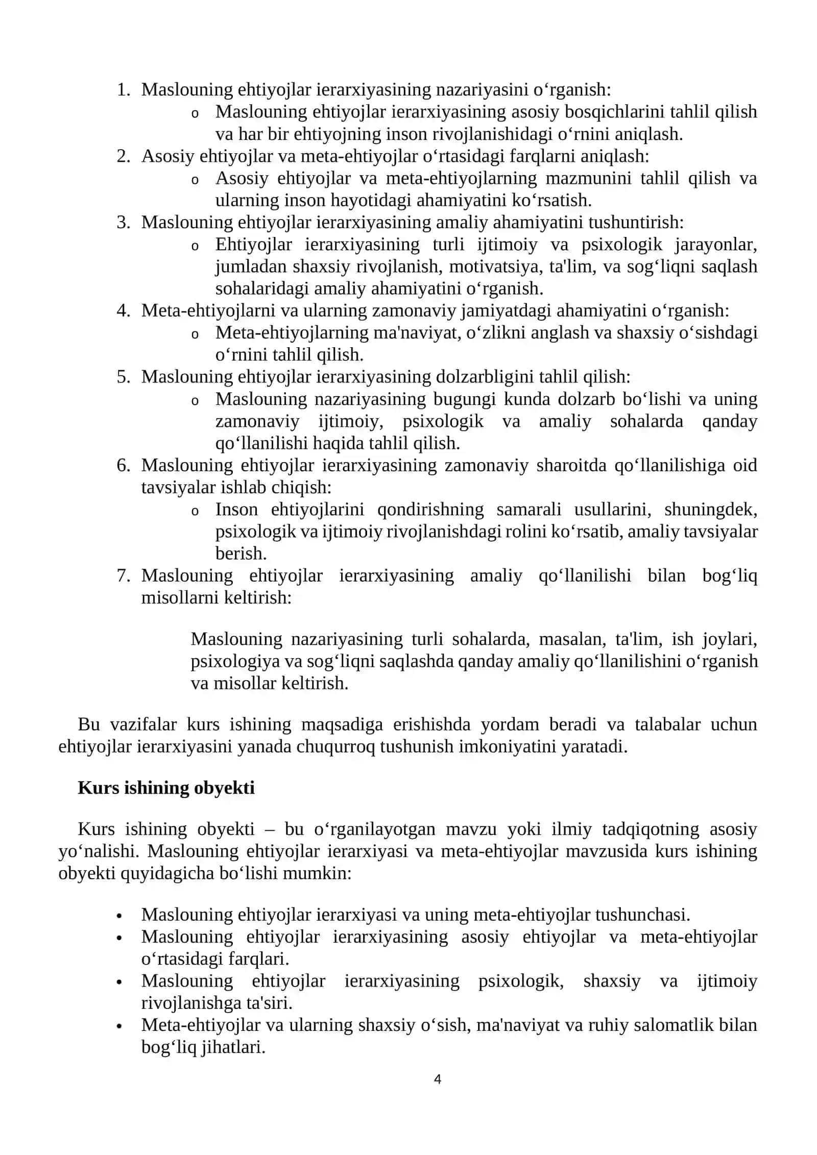 Asosoiy ehtiyojlar va meta-ehtiyijlar, ularning ierarxiyasi (Maslou) 4