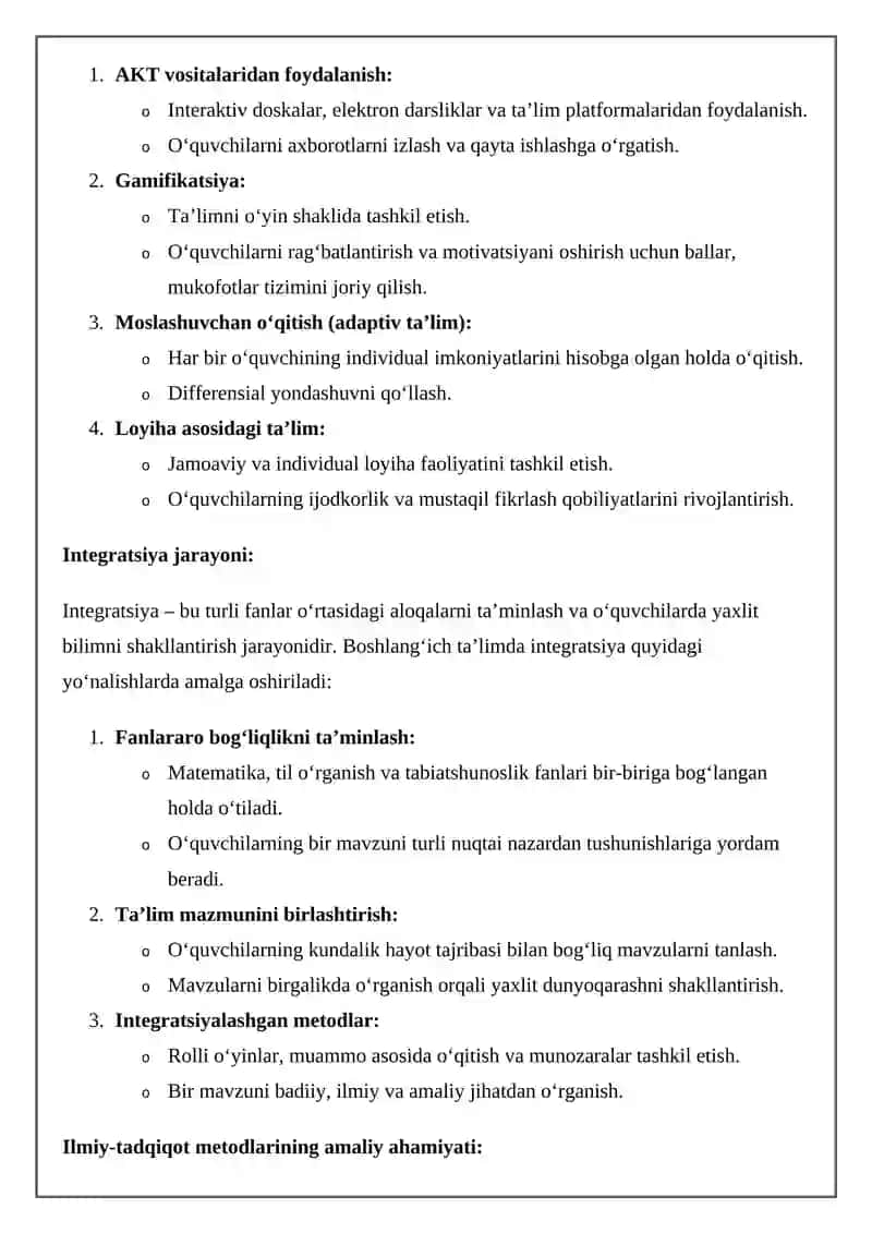 Boshlang’ich ta’lim pedagogikasi, innovatsiya va integratsiyasi faning mazmuni, predmanti, metadalogiyasi, ilmiy-tadqiqod obyekti metodlari 4