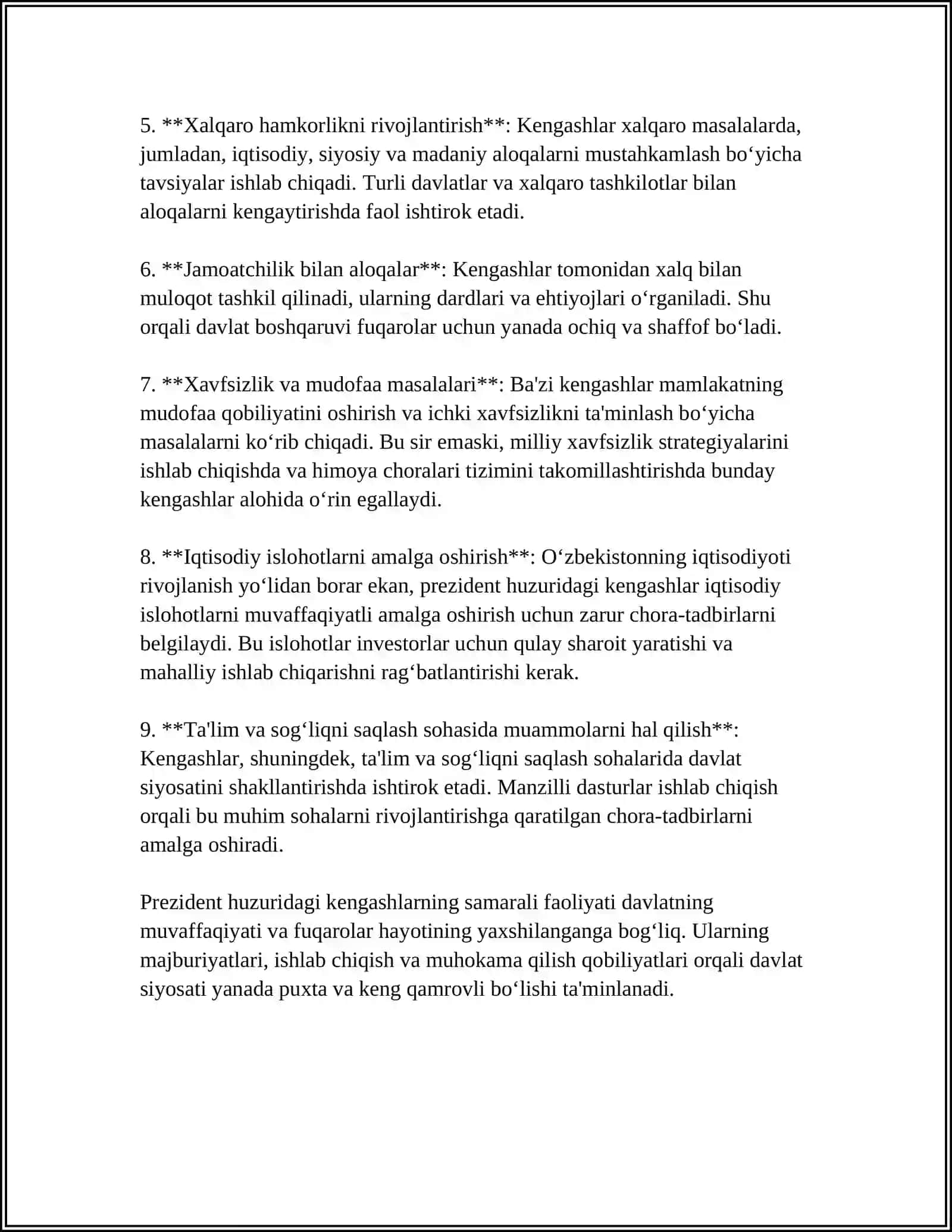 O’ZBEKISTON RESPUBLIKASI PREZIDENTI HUZURIDAGI MA'NAVIYAT VA MA'RIFAT KENGASHINING FAOLIYATI 4