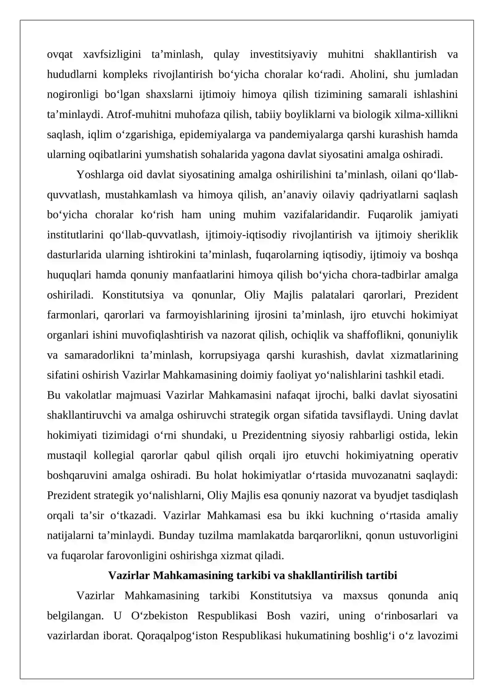 O‘zbekiston Respublikasi Vazirlar Mahkamasining hokimiyat tizimidagi o‘rni 4
