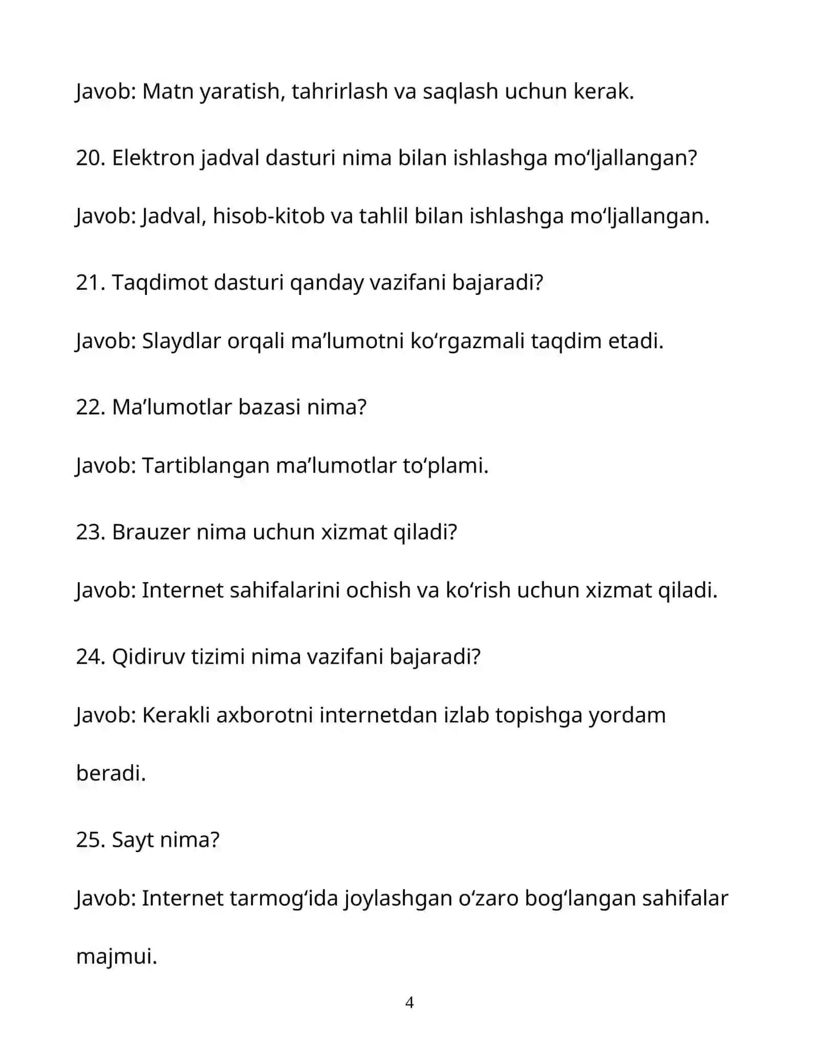 Axborot texnologiyalari bo‘yicha test savoli va javoblari 4