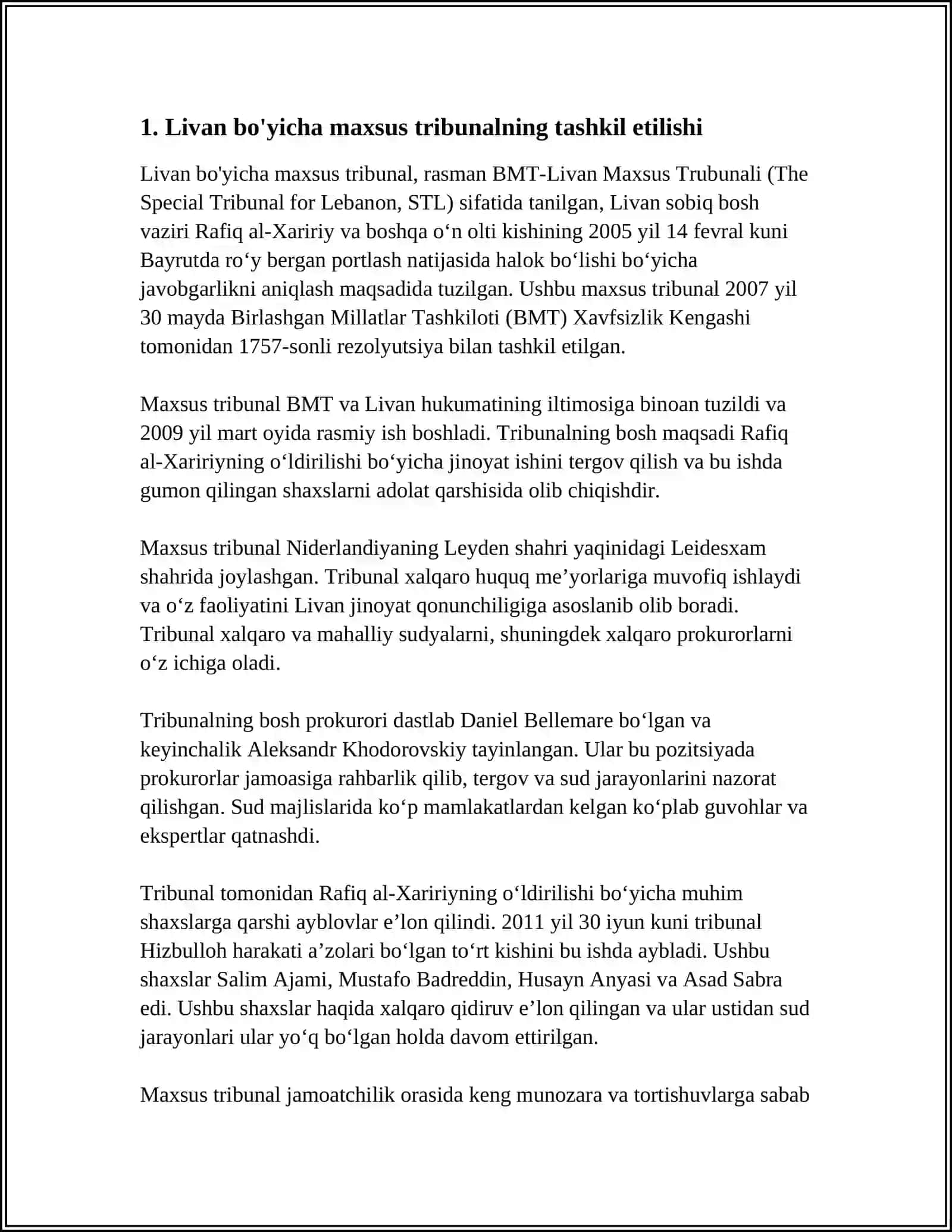 LIVAN BOʻYICHA MAXSUS TRIBUNAL SHARQIY TOMIRDAGI OGʻIR JINOYATGA BOGʻLIQ FAVQULODDA VAKOLATGA EGA KOLLEGIYALAR 4