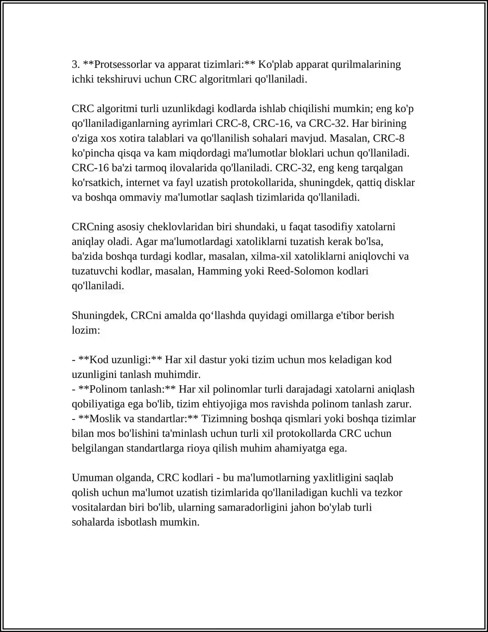 CRC KODLARI ASOSIDA AXBOROTNI HIMOYA QILISH MEXANIZMINI JORIY ETISH 4