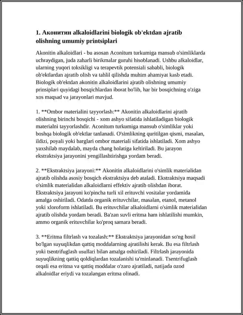 AKONITIN ALKALOIDI.BIOLOGIK OB'EKTDA AJRATIB OLISH VA TAHLIL QILISH 4