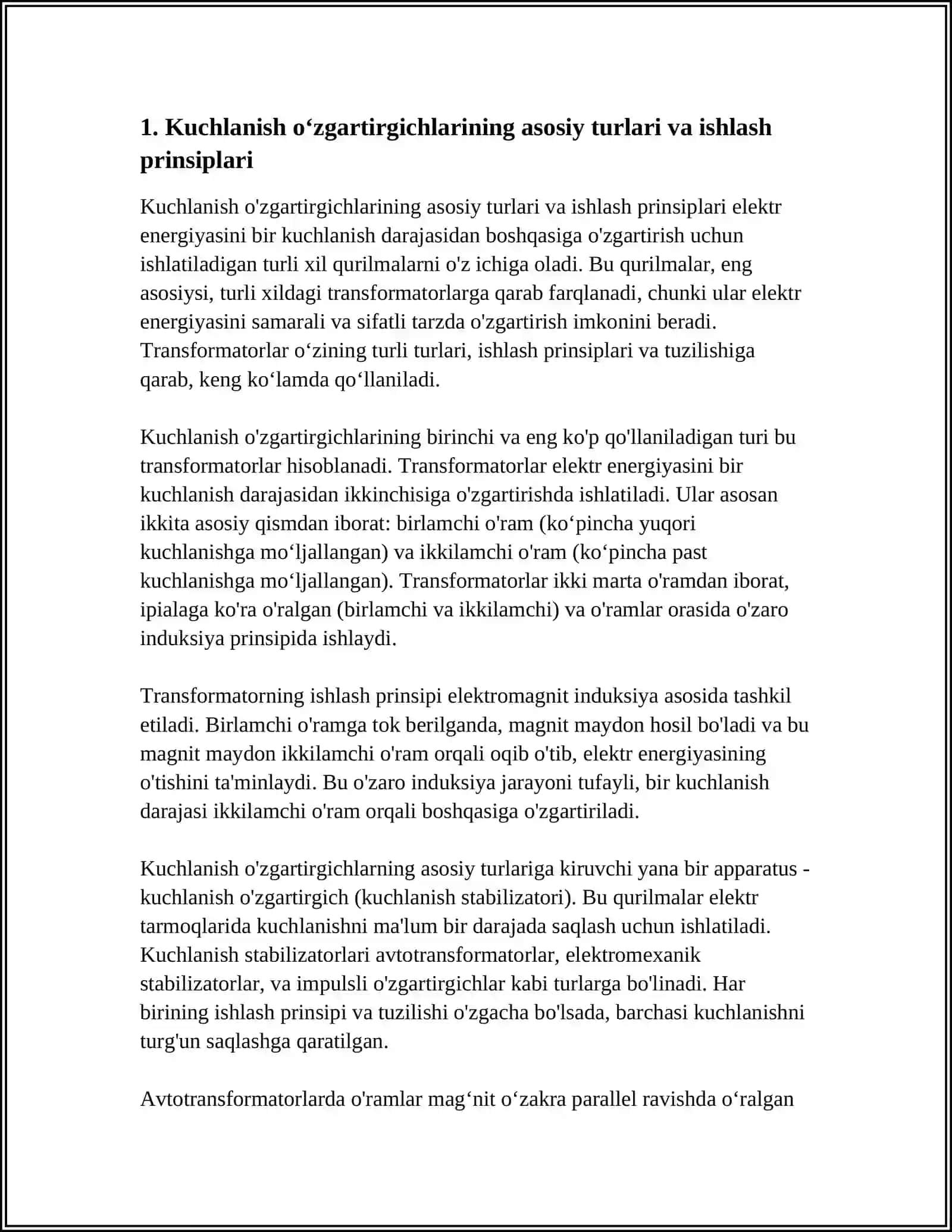 Kuchlanish, tok va quvvat o‘zgartirgichlari ularning ishlatilishi tuzilishini o‘rganish va tavsiflarini tadqiq qilish 4