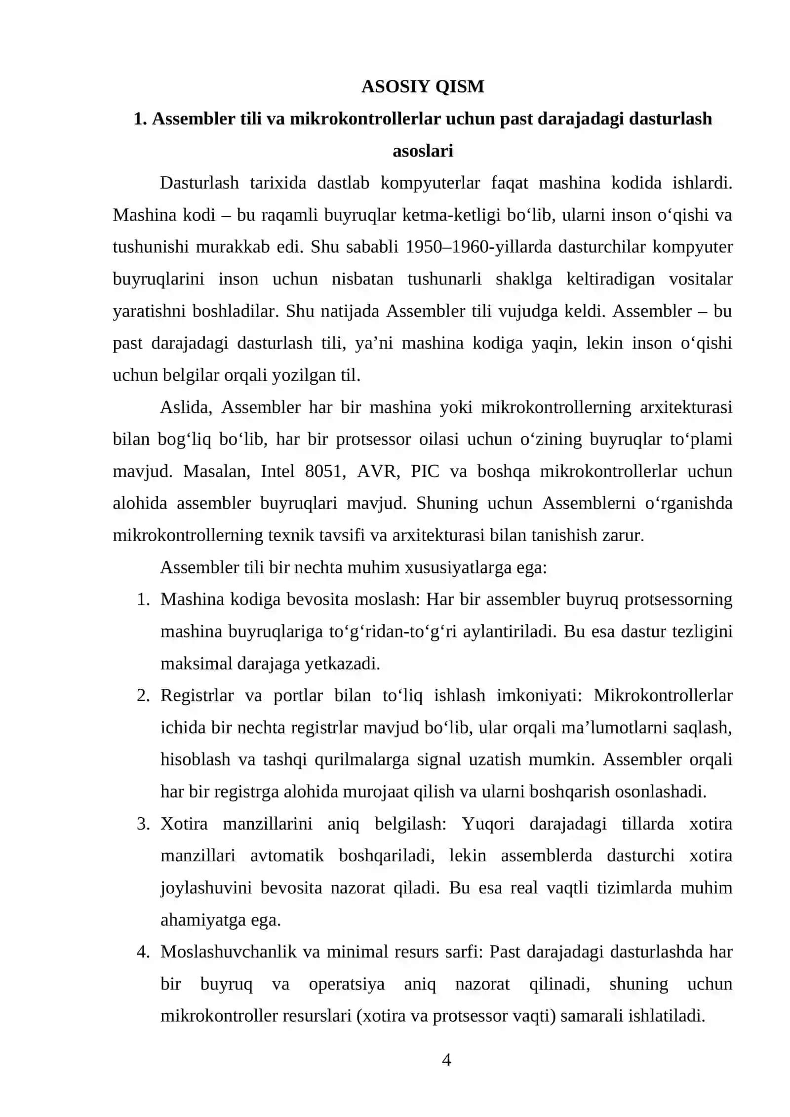 Assembler tilining ahamiyati: Mikrokontrollerlar uchun past darajadagi dasturlash tushunchasi va datchik signallarini o'qishning asosiy qoidalari. 4
