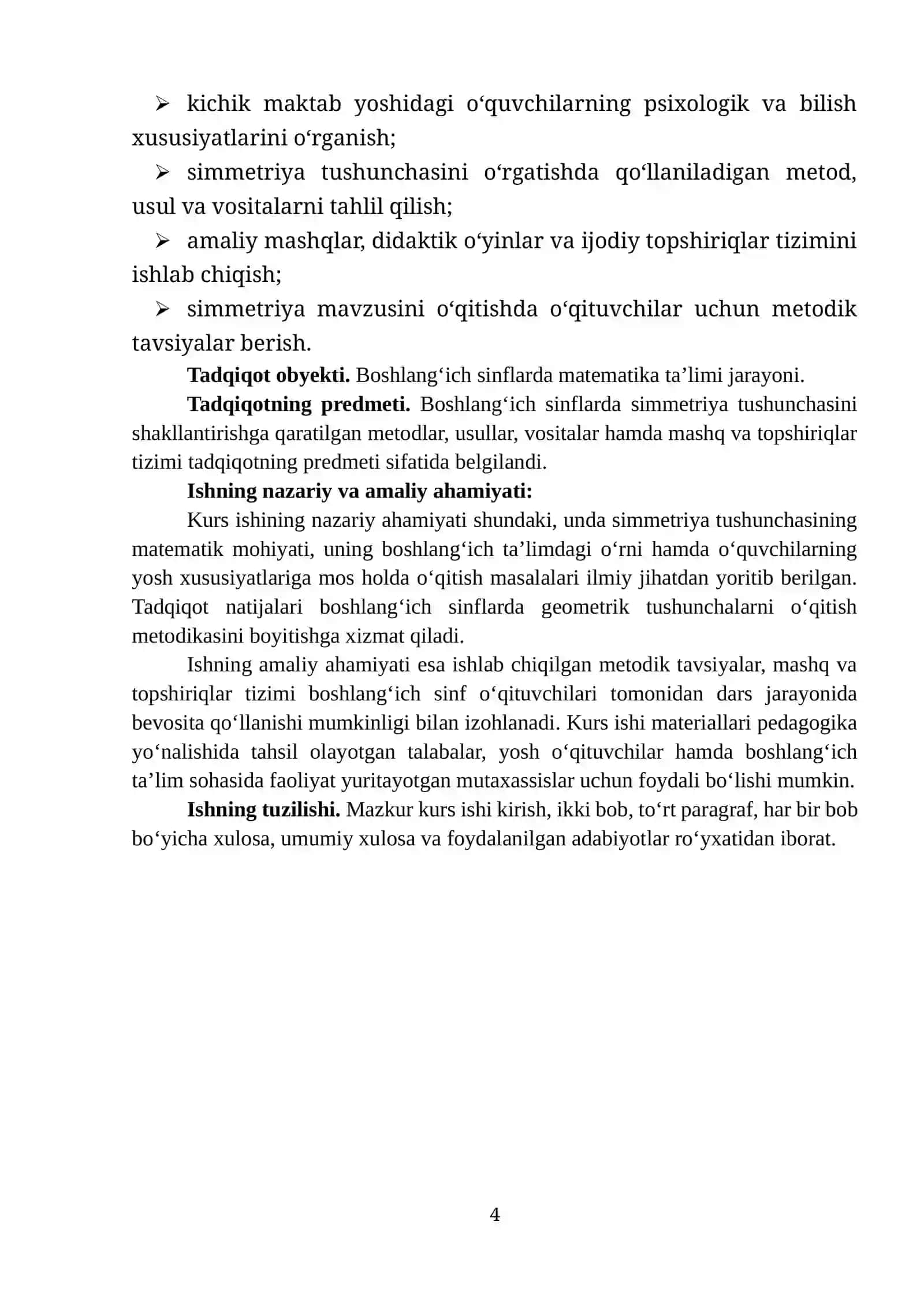 "BOSHLANG‘ICH SINFLARDA SIMMETRIYA TUSHUNCHASI BILAN TANISHISH" MAVZUSIDA TAYYORLAGAN KURS ISHI 4