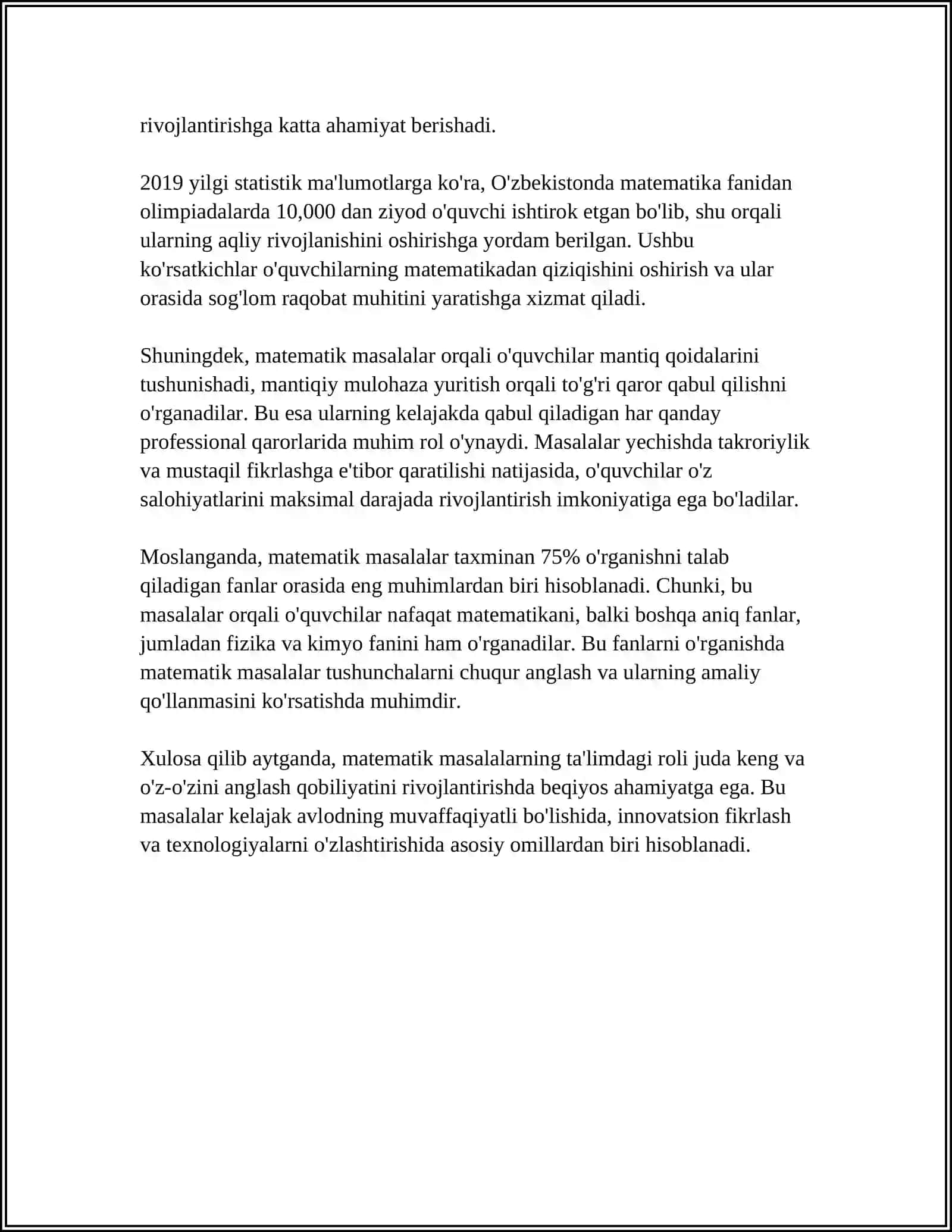 REFERAT Mavzu: MATEMATIKANI O'QITISHDA MASALALARNING O'RNI VA ROLI,O'QUVCHILARNI MATNLI MASALALAR YECHISHGA O'RGATISH METODIKASI 4