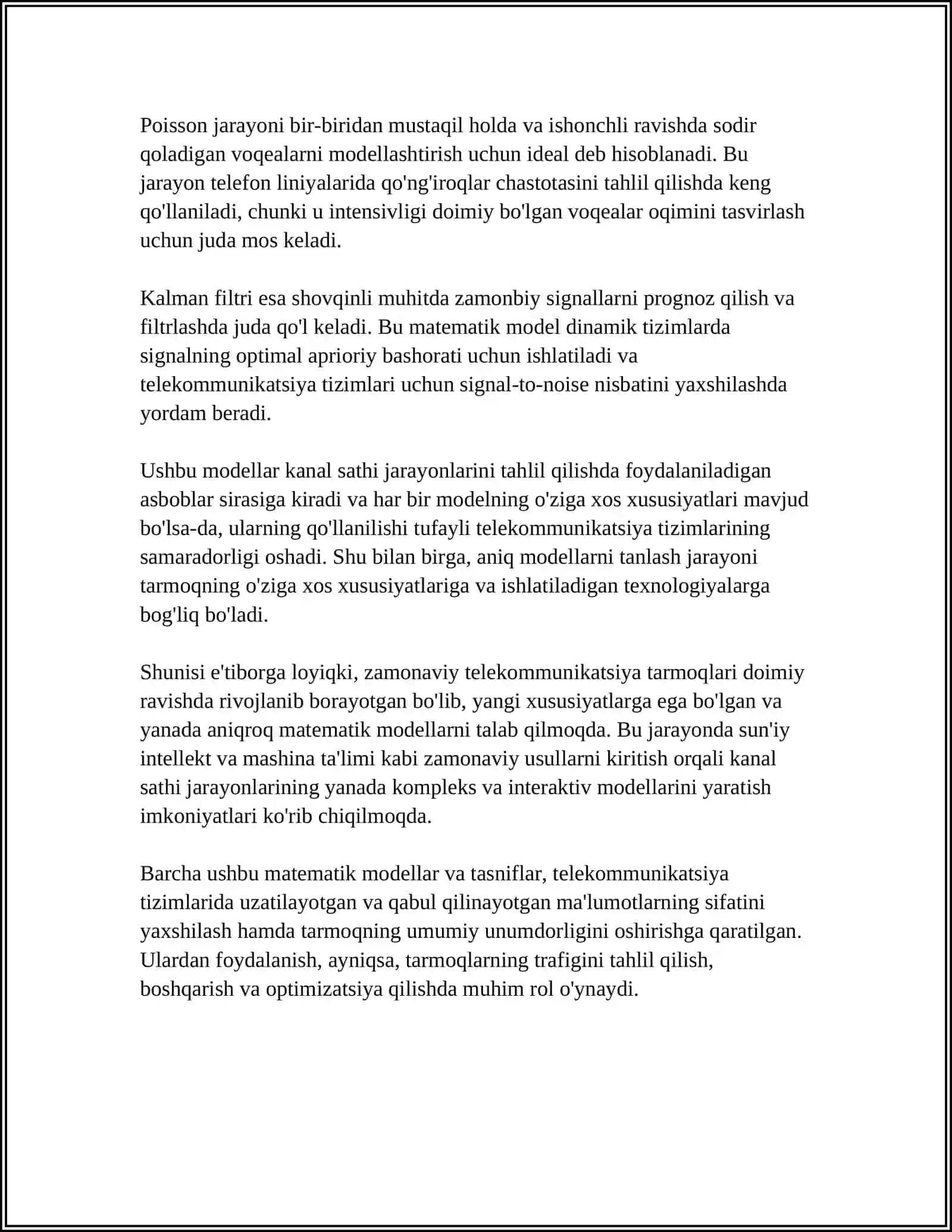 TELEKOMUNIKATSIYA TARMOĜINING KANAL SATHI JARAYONLARINI MODELLARI VA XARAKTERISTIKALARINI HISOBLASH 4