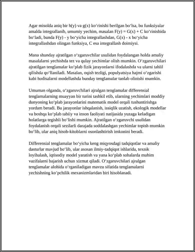 Oʻzgaruvchilari Ajralgan va Unga Keltiriladigan Tenglamalar 4