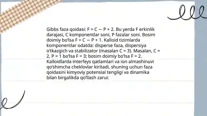 Fizik kalloid kimyoda komponentlar soni va erkinlik darajasi tushunchalari 4
