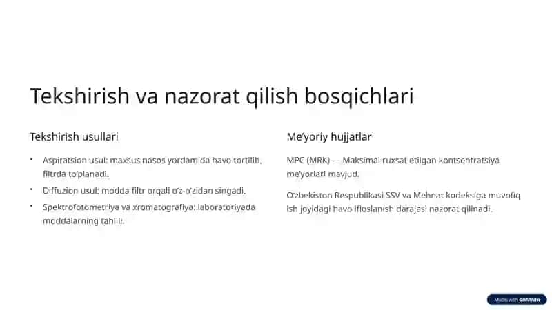 Ishchi zonasi havosining kimyoviy moddalar bilan ifloslanishini tekshirish va baholash 4