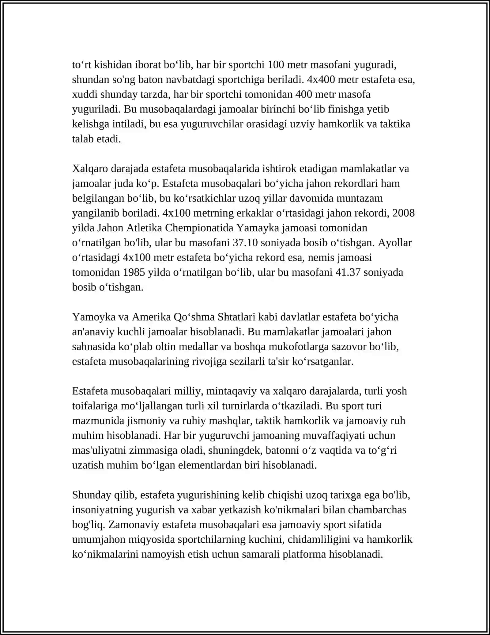 YENGIL ATLETIKA: ESTAFETALI YUGURISH 100, 200, 400 METRGA 4