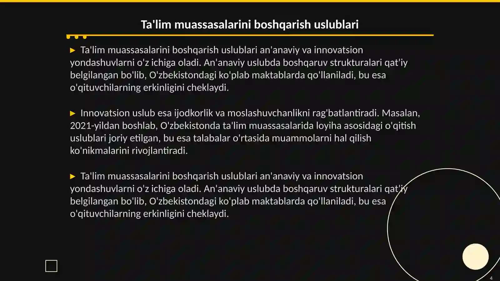 Ta'lim tizimi muassasalarini boshqarish tamoillari va uslublari 4