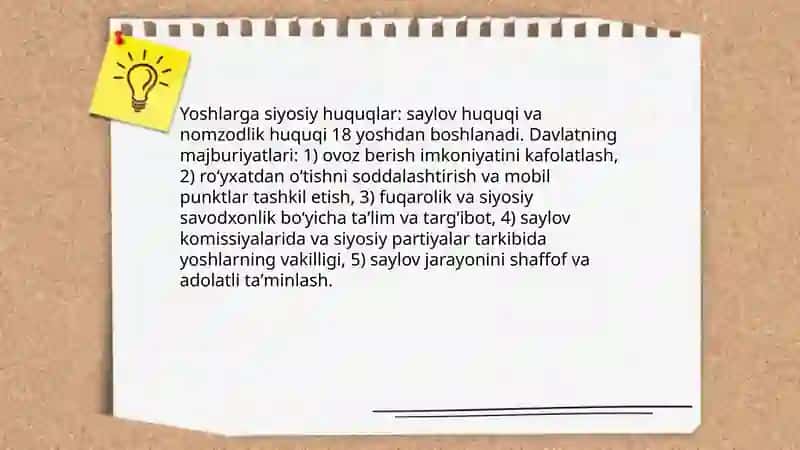 Davlat yoshlarning shaxsiy, siyosiy, iqtisodiy, ijtimoiy, madaniy, ekologik huquqlari himoya qilinishi 4