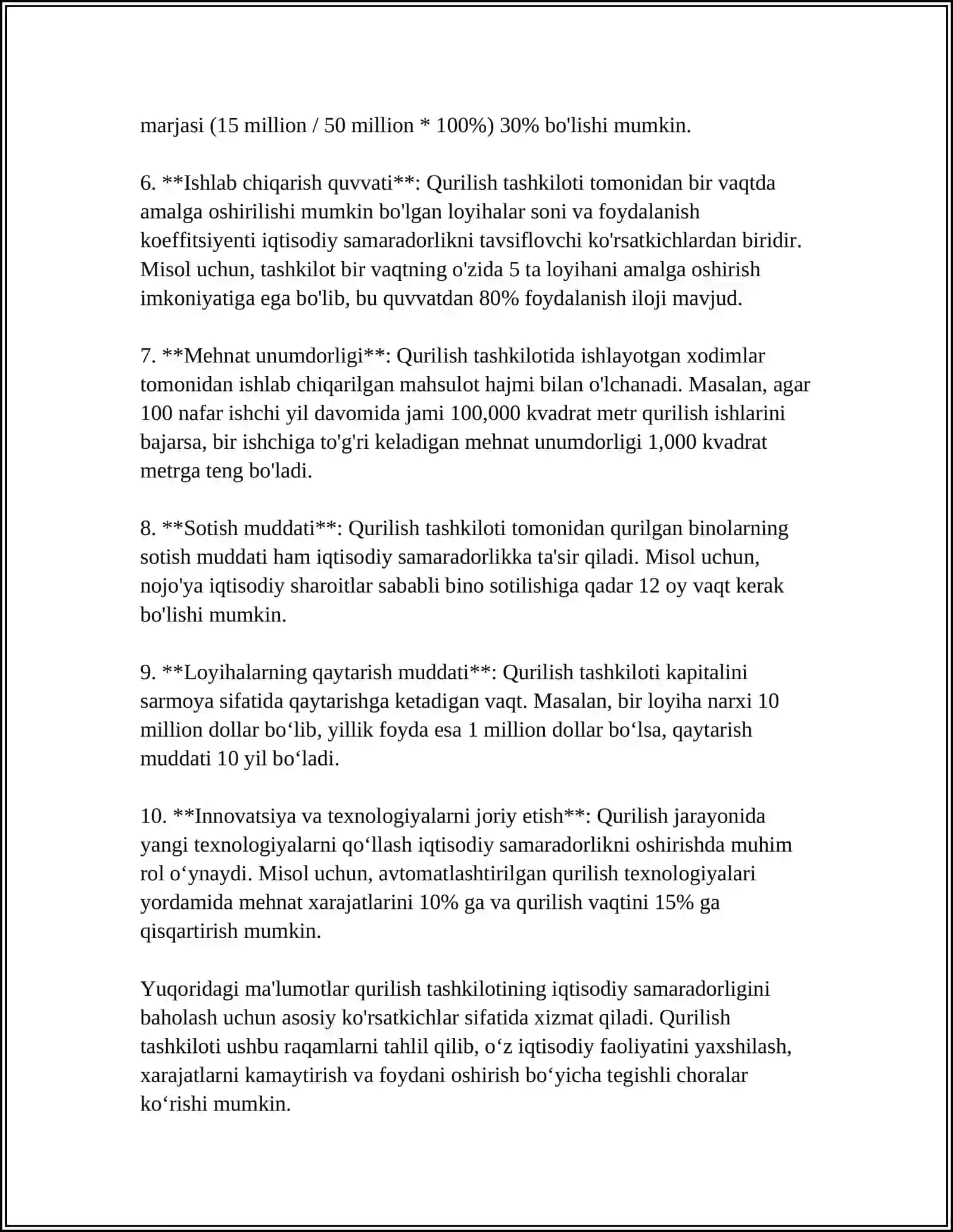 MUSTAQIL ISH Mavzu: QURILISH TASHKILOTINING IQTISODIY FAOLIYATINI BAHOLASH 4