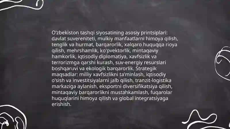 O'zbekiston Respublikasi tashqi siyosiy faoliyatining shakllanishini va uning ustuvor yoʻnalishi 4