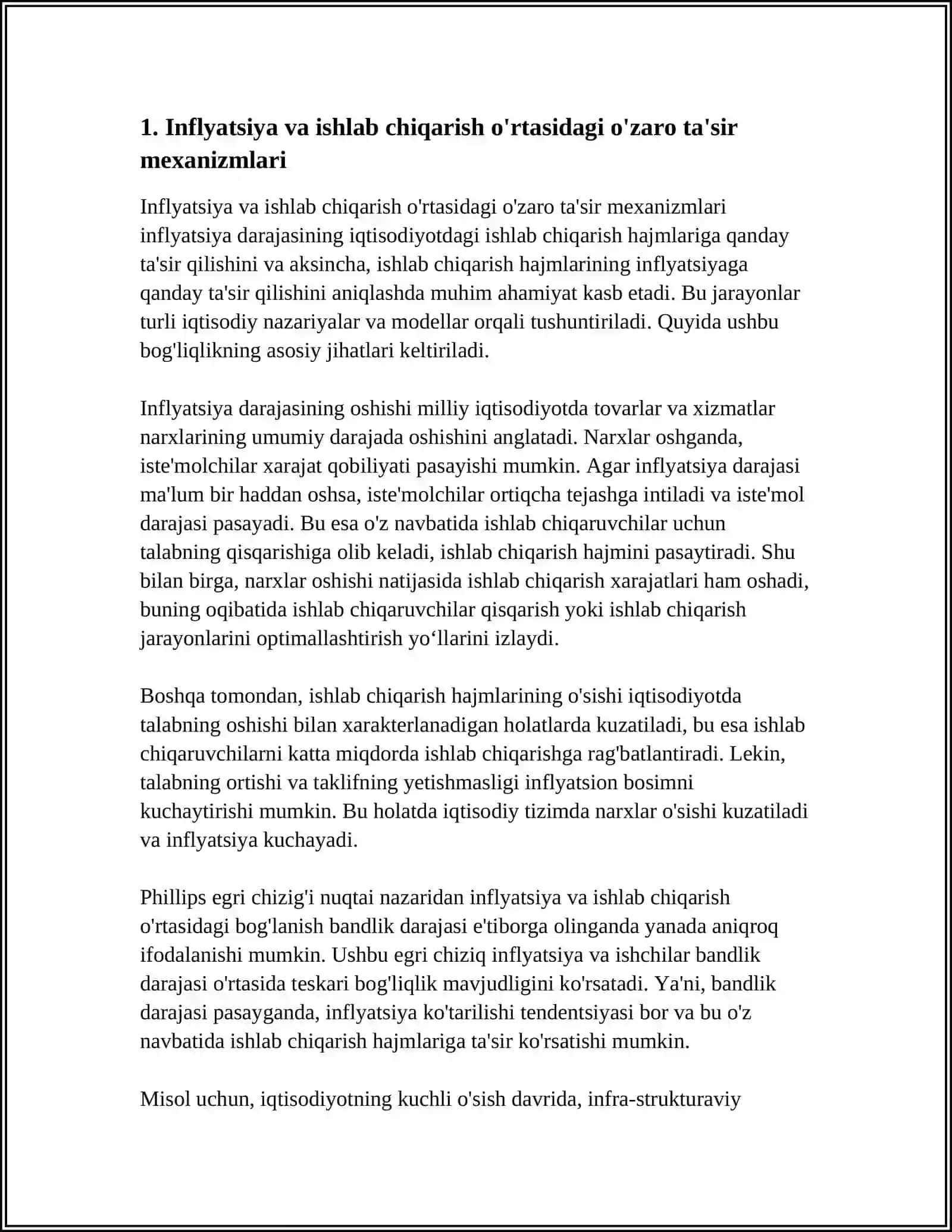 INFLYATSIYA, ISHLAB CHIQARISH VA BANDLIK DARAJASI O’RTASIDAGI DINAMIK JIHATLARNING O’ZARO BOG’LIQLIGI 4