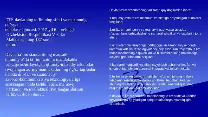 DTS va o’quv dasturi, yangi avlod darsliklarining bosqichma bosqich yaratilib, amaliyotga kiritilishi. 4