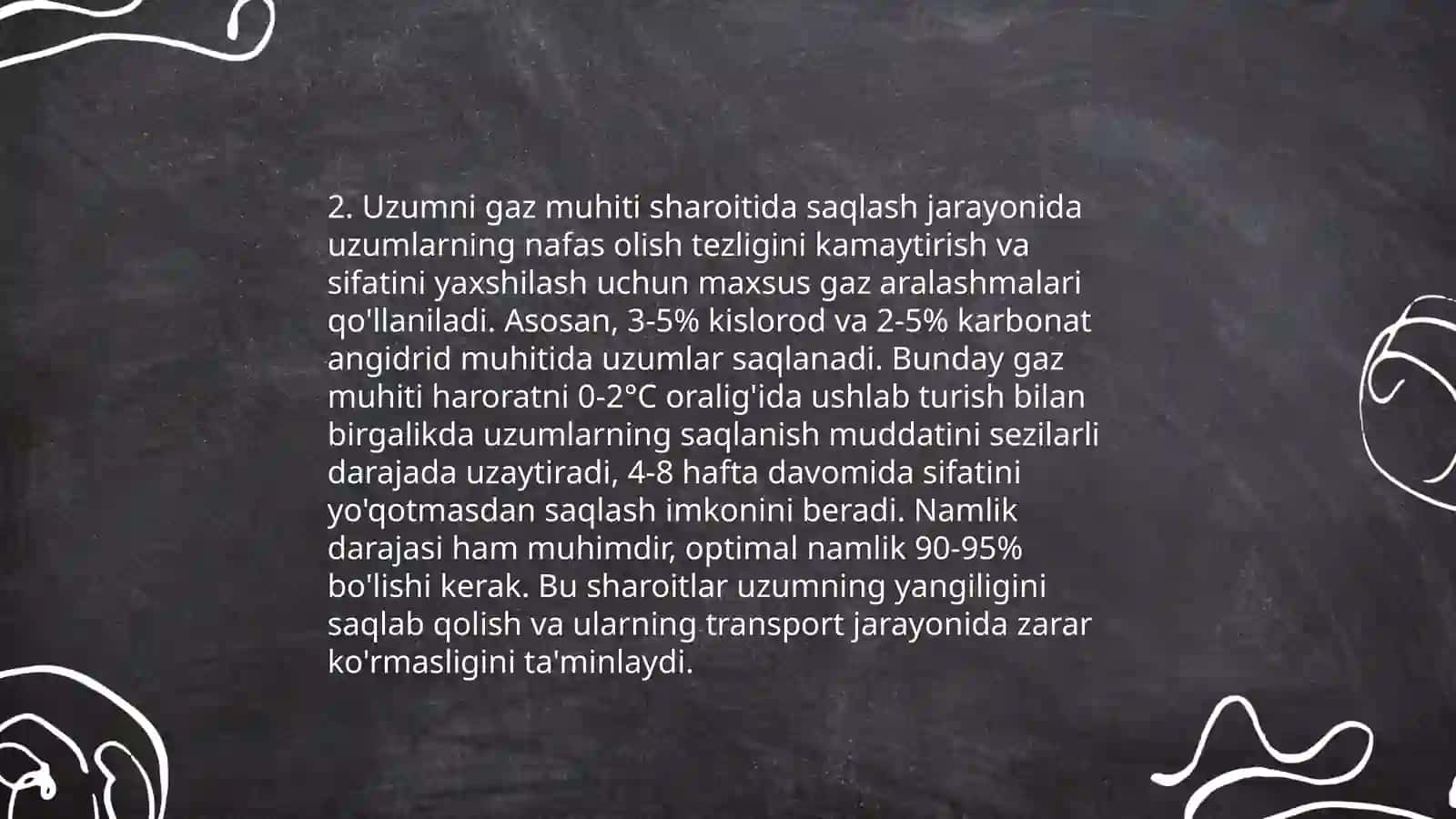 Meva, uzum va sabzavotlarni boshqariladigan gaz muhiti sharoitida saqlash 4