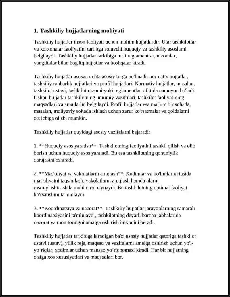 MUSTAQIL ISH Mavzu: TASHKILIY HUJJATLAR VA ULARNI RASMIYLASHTIRISH. TASHKILIY HUJJATLAR NAMUNASINI TAYYORLASH 4
