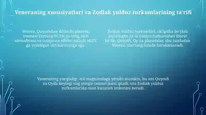 Venera sayyorasi yordamida Zodiak yulduz turkumlarini oʻrganish 4
