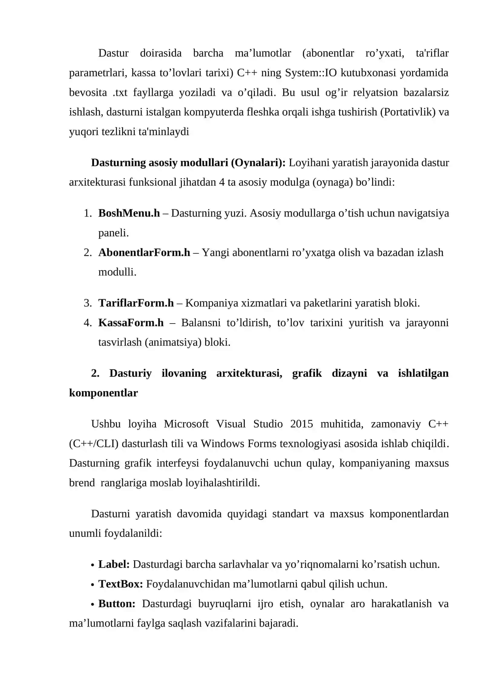 Visual Studio muhitida dasturlash | Kurs Ishi - UYALI ALOQA KOMPANIYASI FAOLIYATINI VA UNING MA’LUMOTLARI UCHUN DASTUR ILOVASINI YARATISH 4