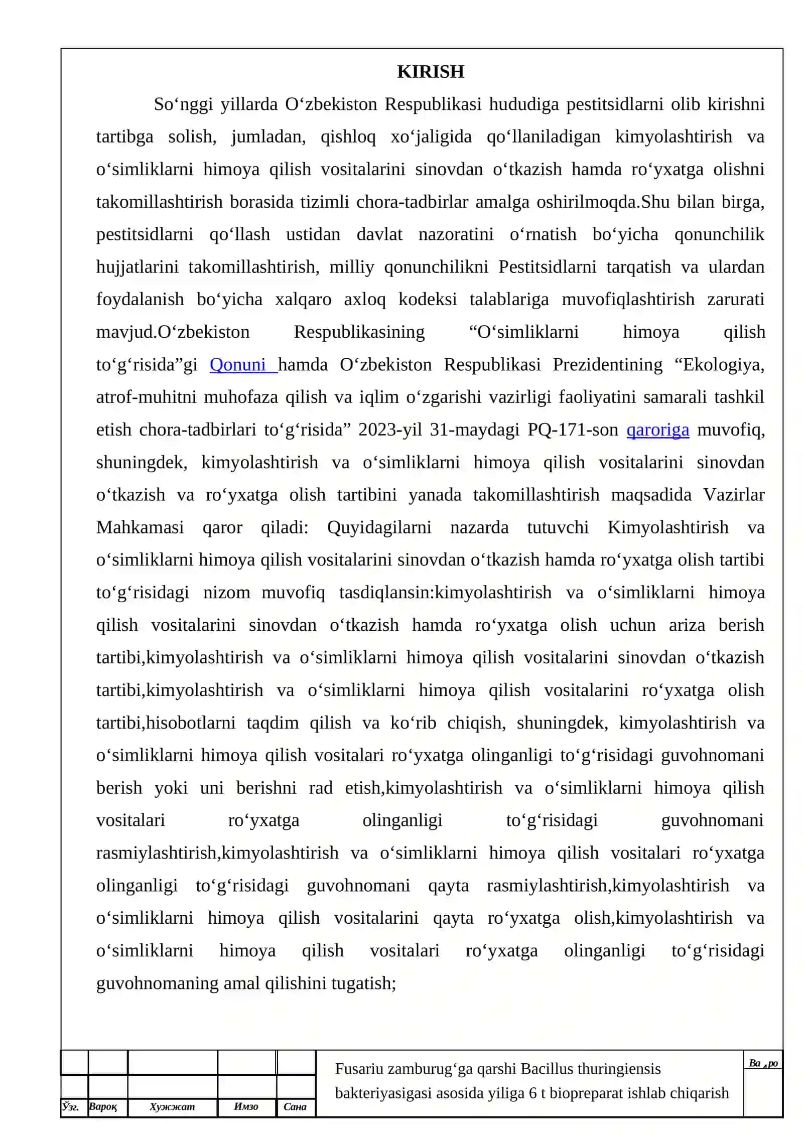MAVZU: Fusarium zamburug‘iga qarshi Bacillus thuringiensis bakteriyasi asosida yiliga 6 tonna biopre 4