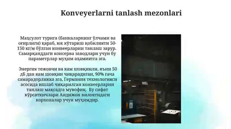 Konserva korxonalaridagi Rolikli transporterning sinflanishi 4