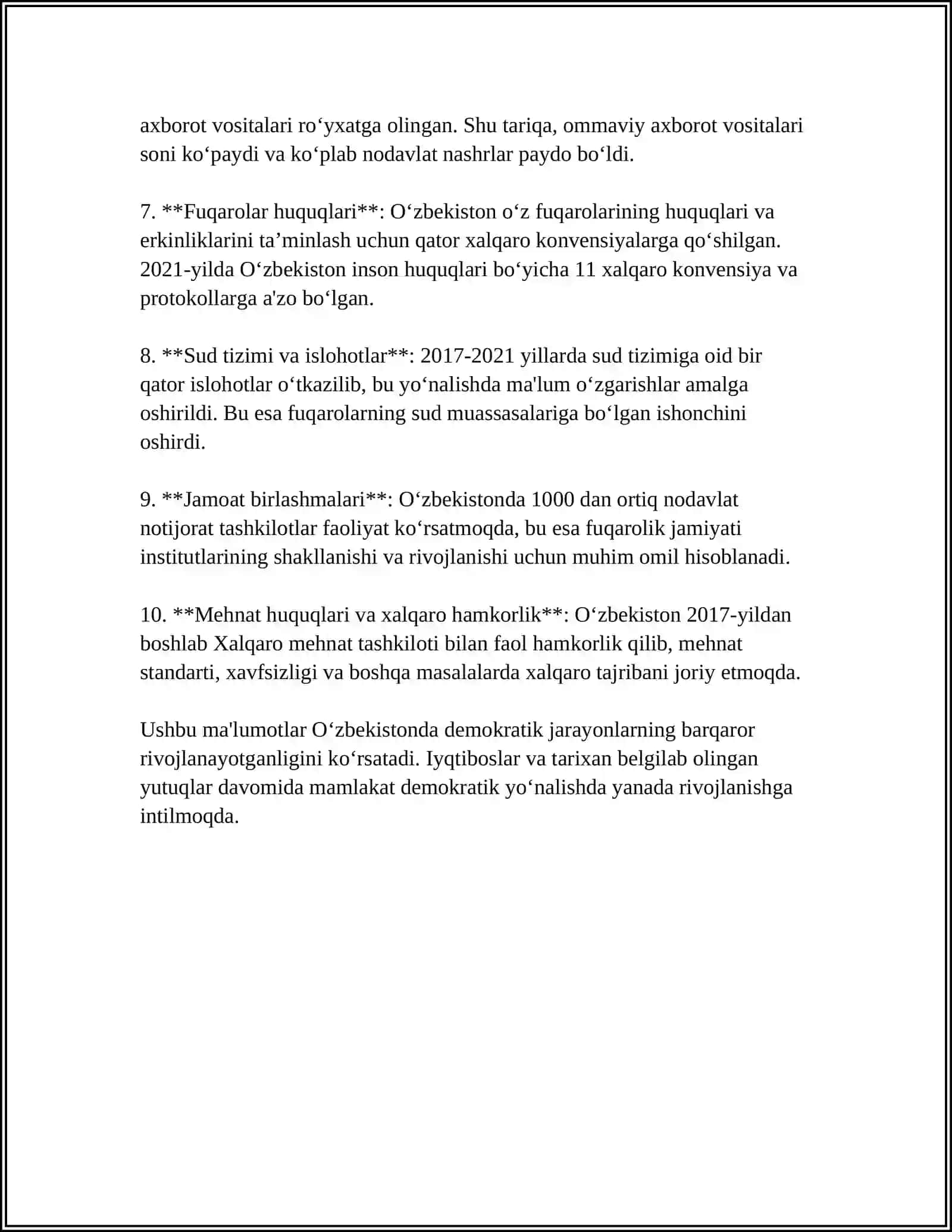 REFERAT Mavzu: O'ZBEKISTONDA DEMOKRATIK, FUQAROLIK JAMIYATI ASOSLARINING SHAKLLANISHI, AMALGA OSHIRILGAN SIYOSIY ISLOHOTLAR 4