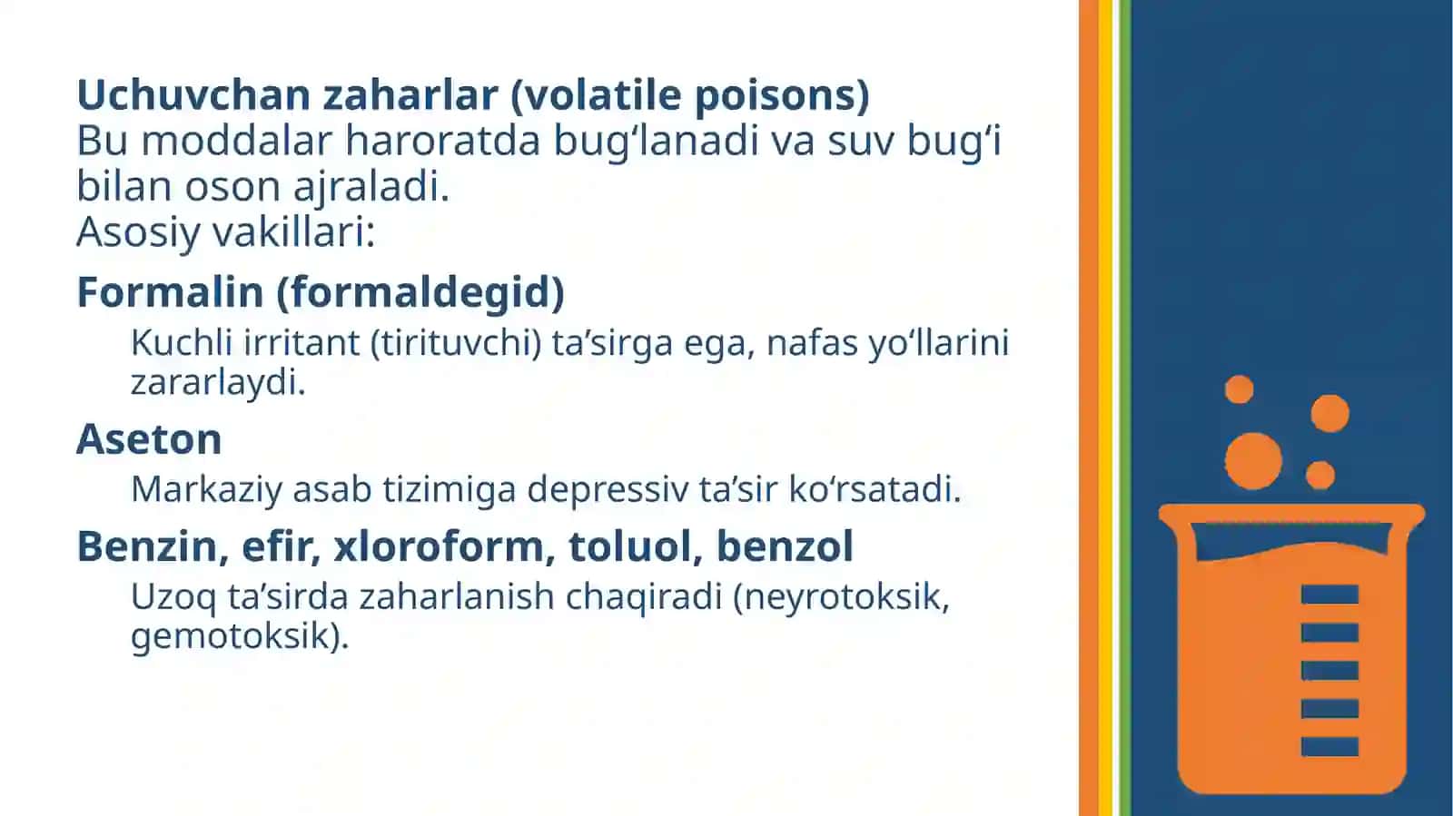 Biologik obyektlar kibidagi suv bug‘iyordamida ajratiladigan zaharli moddalarni toksikologik kimyodan 4