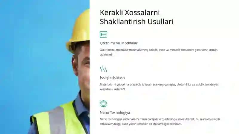 Energiya samarador devorbop materiallarni ishlab ishlab chiqarish texnalogiyalari va fizik-mexanik va issiqlik-fizik xossalarini tadqiq etish. 4