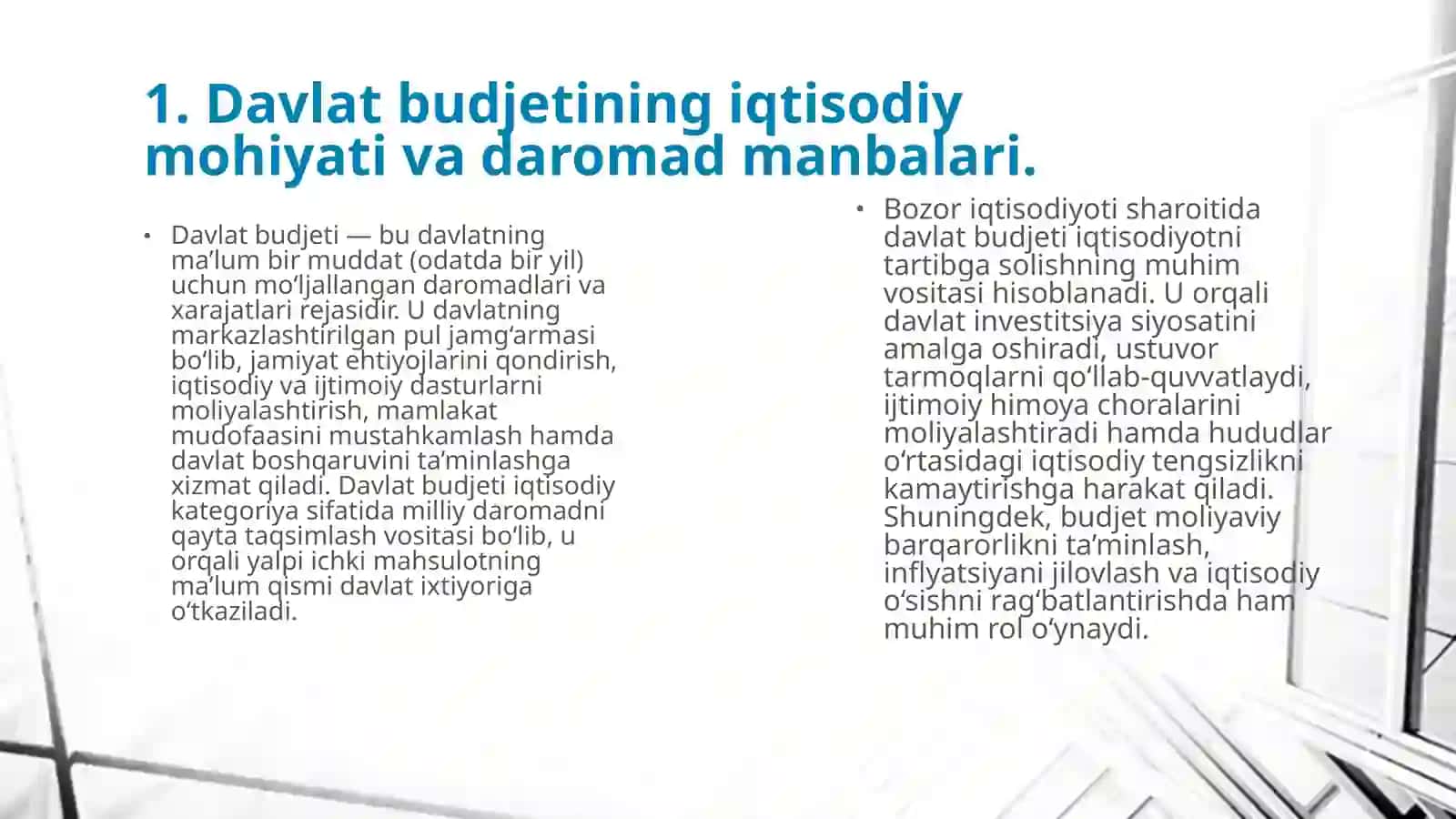 Davlat budjeti daromadlarini shakllantirishda soliqlarning tutgan oʻrni va ahamiyati 4