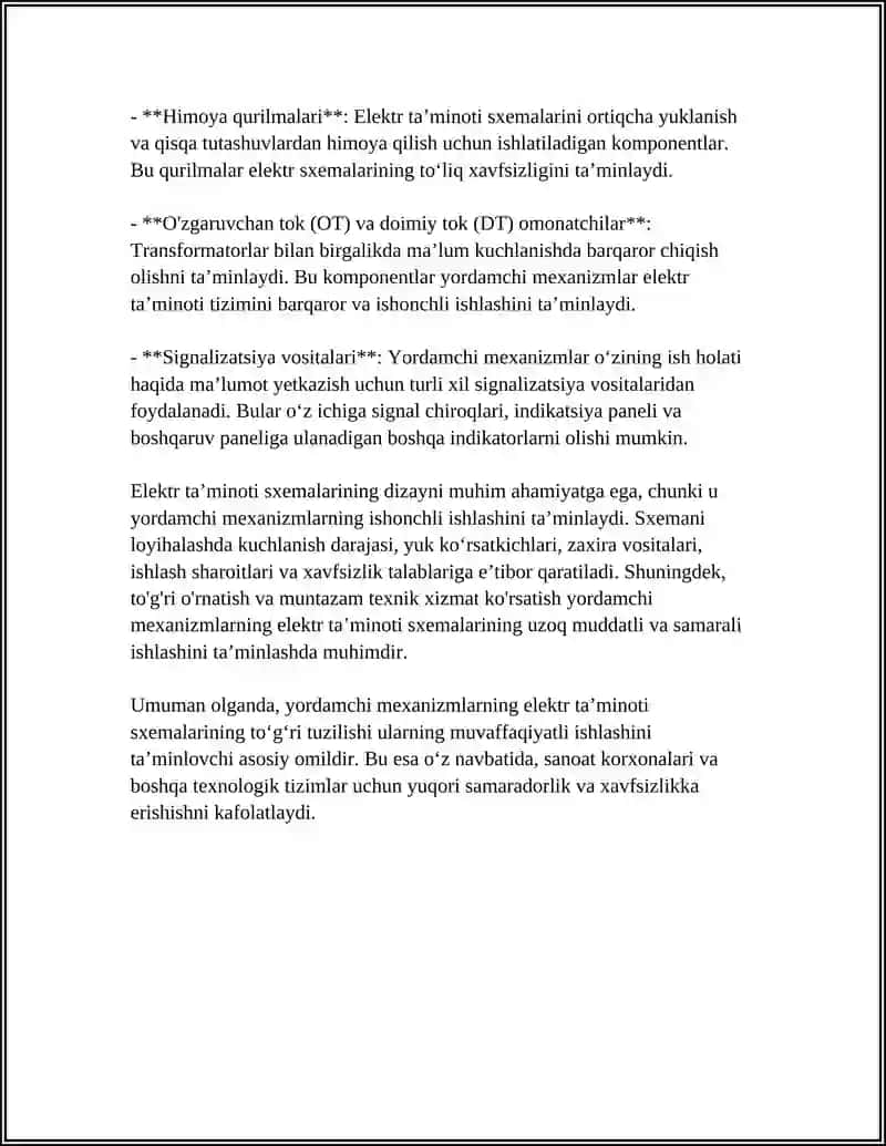 YORDAMCHI MEXANIZMLARNING ELEKTR USKUNALARI. ELEKTR TA’MINOTI SXEMALARI 4