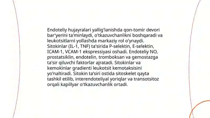 Yallig'lanish vaqtida qon tomir devorining o'tkazuvchanligi, mahalliy simptomlar mexanizmi. Ekssudatning kimyoviy va morfologik tarkibi, xemotaksis turlari 4