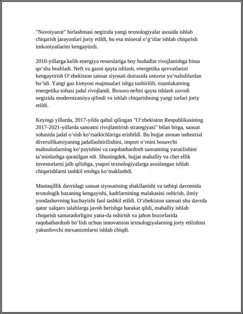 MUSTAQILLIK YILLARIDA SANOAT YOʻNALISHIDAGI OʻZGARISHLAR 4