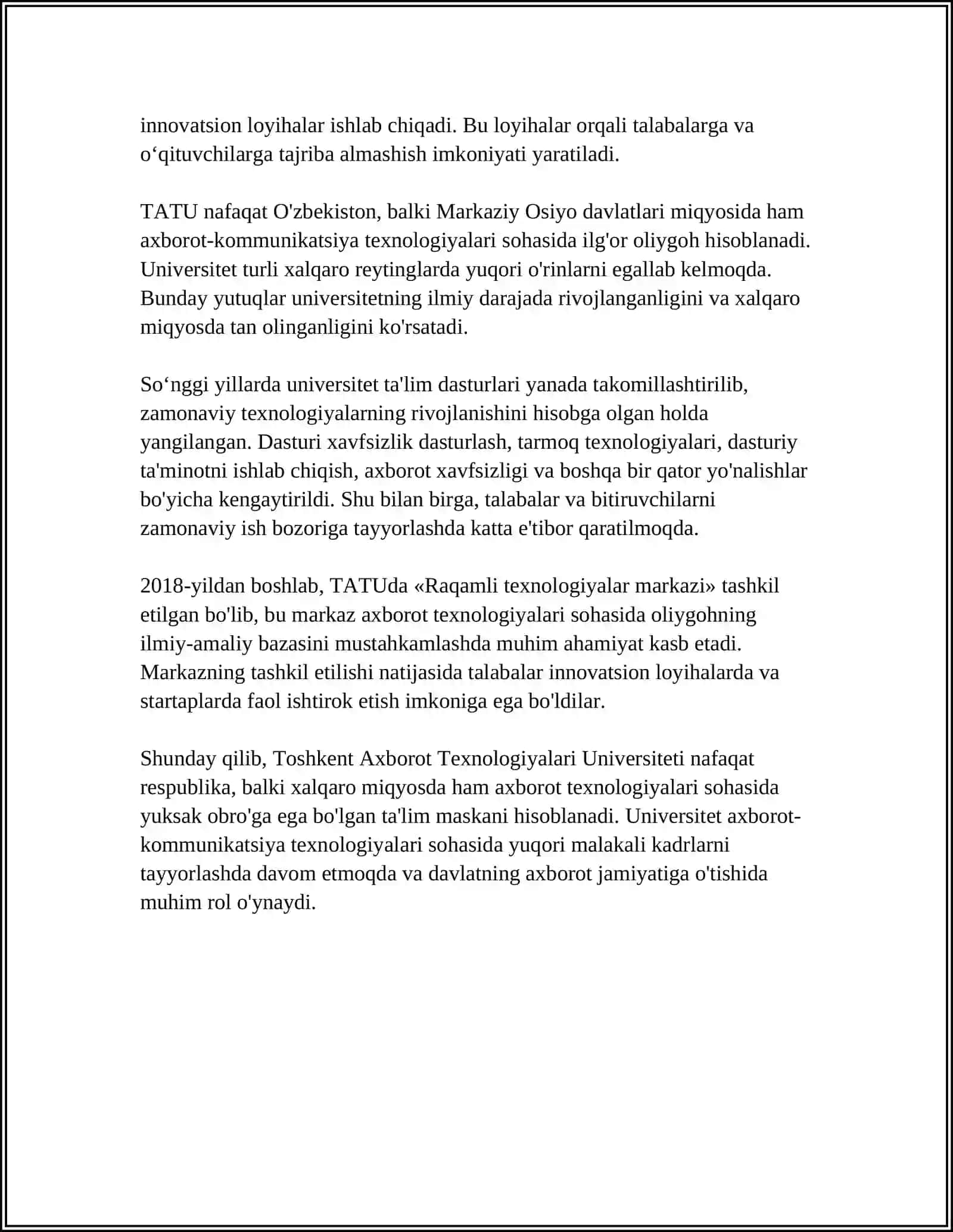 Toshkent Axborot Texnologiyalari Universiteti Referat 4