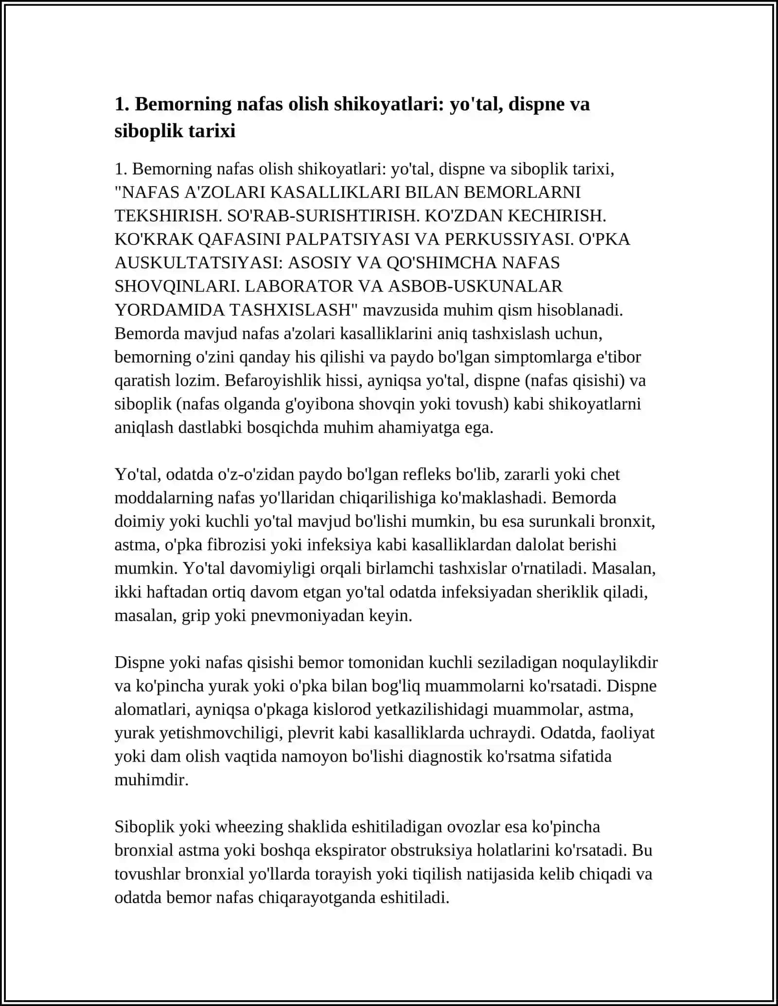 NAFAS A'ZOLARI KASALLIKLARI BILAN BEMORLARNI TEKSHIRISH. SO'RAB-SURISHTIRISH. KO'ZDAN KECHIRISH. KO'KRAK QAFASINI PALPATSIYASI VA PERKUSSIYASI. O'PKA AUSKULTATSIYASI: ASOSIY VA QO'SHIMCHA NAFAS SHOVQINLARI. LABORATOR VA ASBOB-USKUNALAR 4