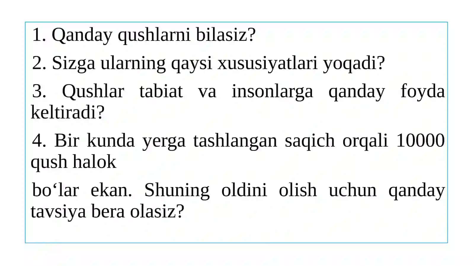 7-sinf O'zbek tili fanidan dars ishlanma. Qushlar dunyosi 4