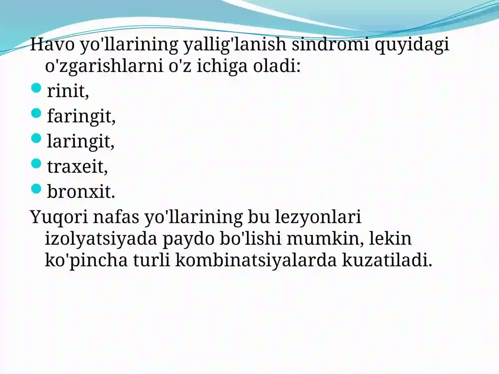 Havo tomchi yo’li bilan yuqadigan infeksiyalaring tayanch tashxisot belgilari 4