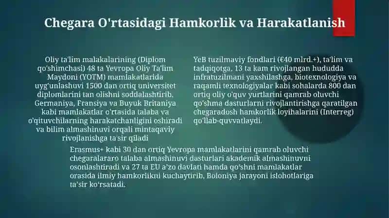 Yevropada oliy maktabni isloh qilish va ta'lim sohasidagi integratsion jarayonlarni o'zaro aloqadorligi 4