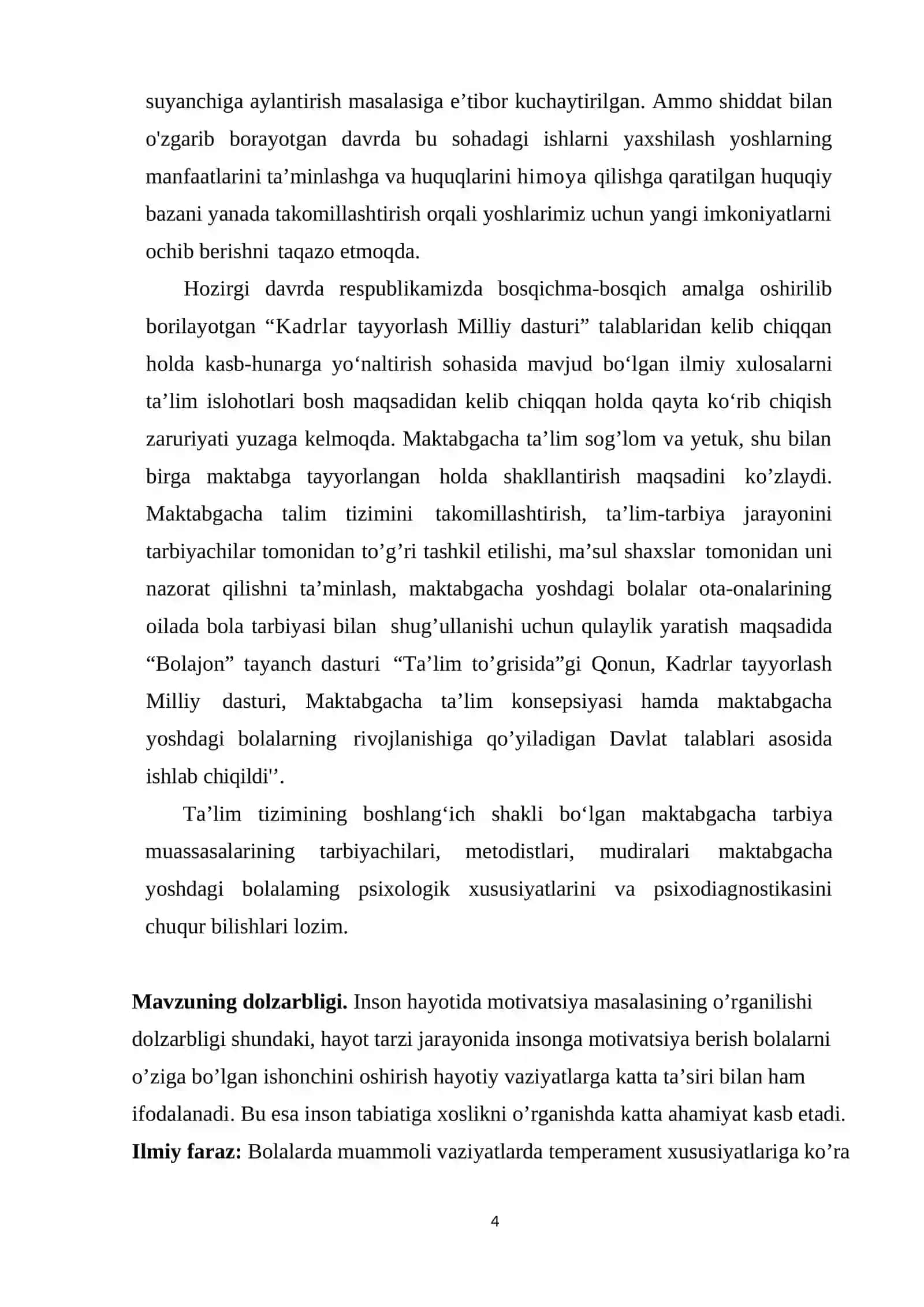 Bolaning motivatsion sohasi va psixodiagnostikasi kurs ishi 4