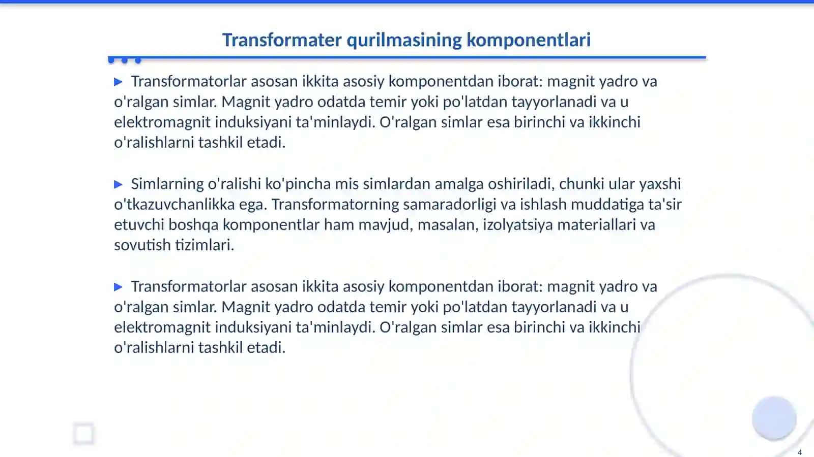 Transformaterlar. Transformaterlar qurilmasi, ishlash prinsipi asosiy xarakteristikasi 4