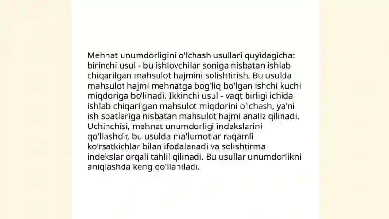 Mehnat unumdorligi tushunchasi ólchash omillari va uning zahiralari 4