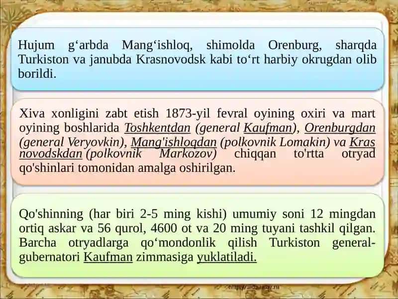 Xiva xonligi ustidan Rossiya imperiyasi protektoratining o‘rnatilishi. Qo‘qon xonligining ruslar tomonidan tugatilishi. Turkistonda Rossiya imperiyasi siyosatining asosiy yo‘nalishlari 4