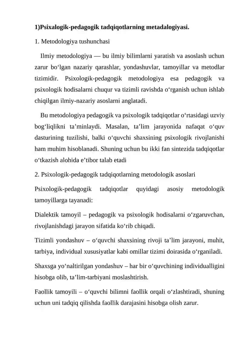 Psixalogik-pedagogik tadqiqotlarning metadalogiyasi,metodlari,metodikalarining o’zaro aloqadorligi 4