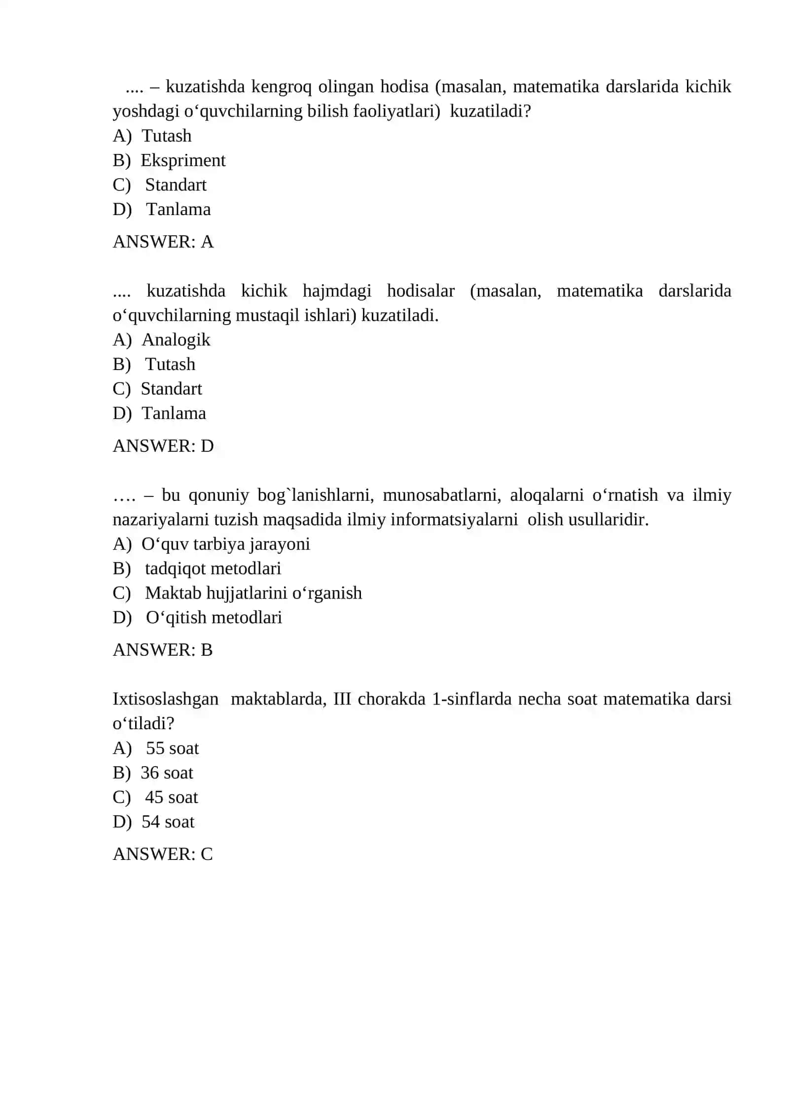 Matematika o‘qitish metodikasi fanidan  YADAK test savollari 4