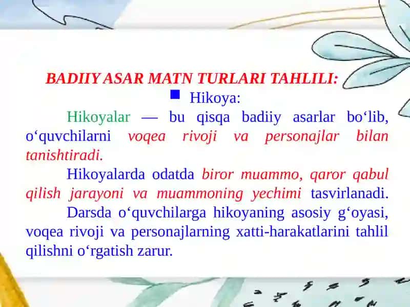 O‘qish savodxonligi darslarida matn ustida ishlash metodikasi.  Matn va uning turlari. Matnni o‘rganishda o‘qish malakalarining ahamiyati 4